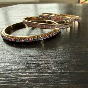 Set of 3 Gold Tone Bangle Bracelets Multi Color Rhinestone and Pink Glitter